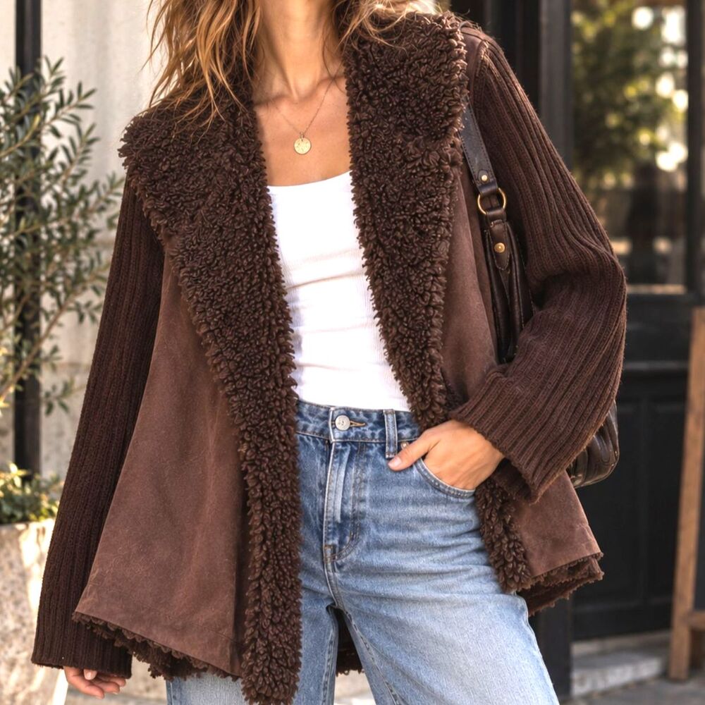 Y2K Fairycore Whimsigoth Faux Suede Sherpa Shag Collar Knit Sleeve Jacket XL